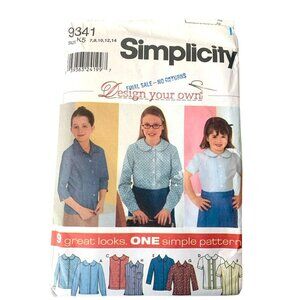 Simplicity 9341 Sewing Pattern Girl's Blouse 9 Variations Collar Sleeves Pocket